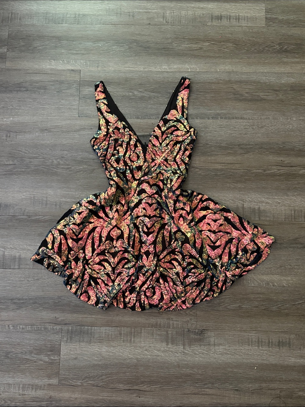 AKIRA Black Floral Sequin Mini Dress with Pink Yellow Green Blue